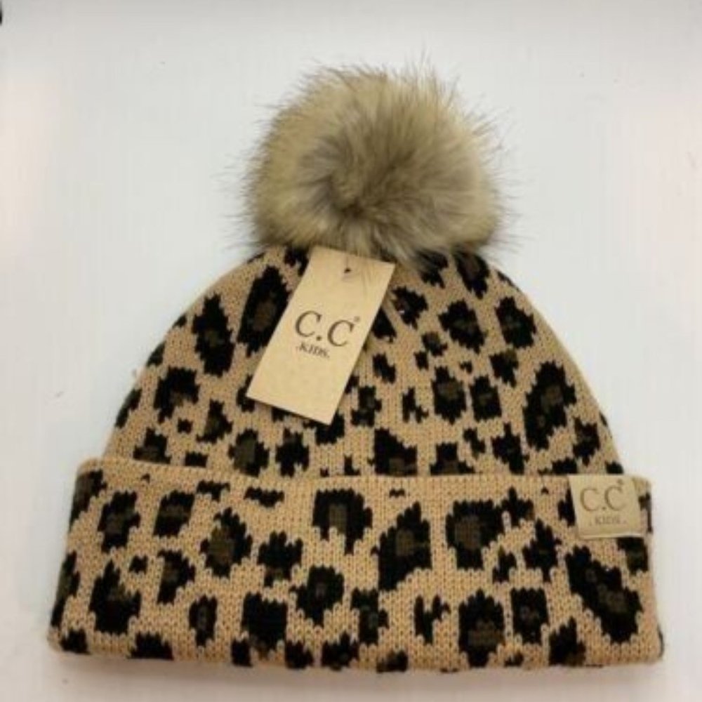 C.C KIDS Leopard Jacquard Knit Pom Beanie Hat in Latte